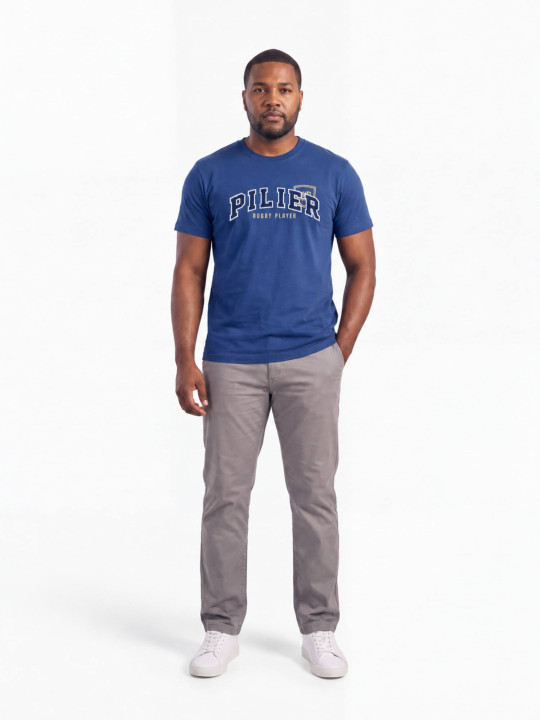 T-shirt grandes tailles brodé à manches courtes Pilier Rugby player – Bleu marine
