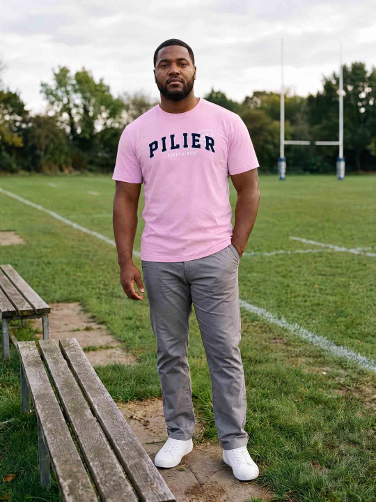 T-shirt grandes tailles brodé à manches courtes Pilier Rugby player - Rose