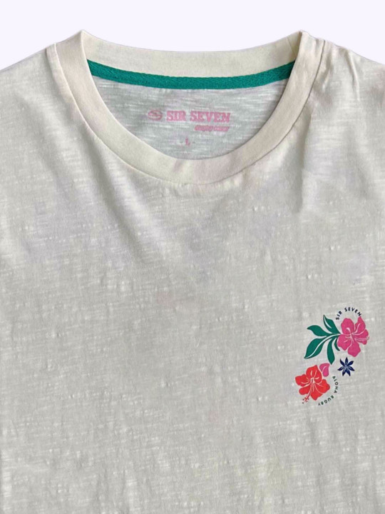 T-shirt coton imprimé poitrine et dos Beach Rugby - Écru