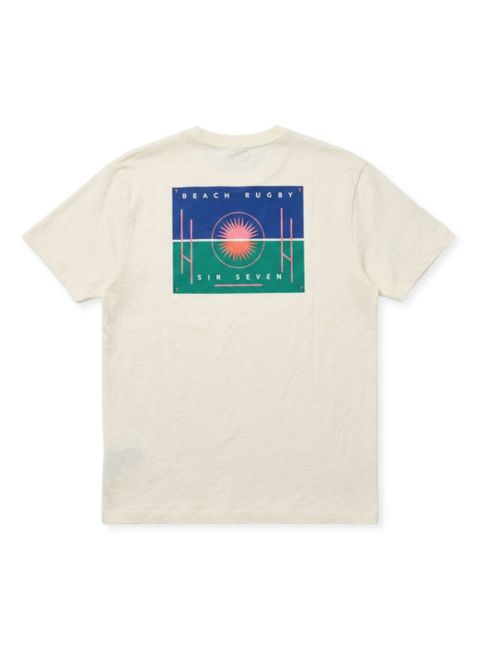 T-shirt coton imprimé poitrine et dos Beach Rugby - Écru