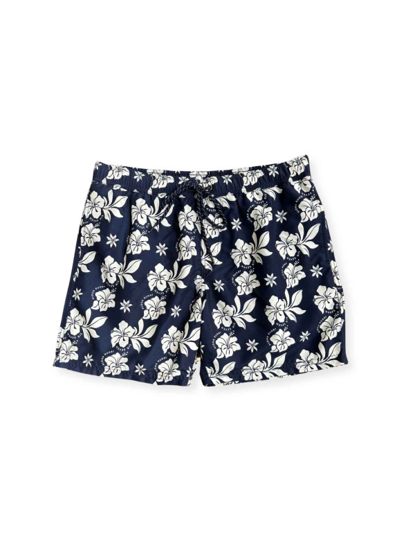 Short de bain à motifs hibiscus - Bleu marine et blanc