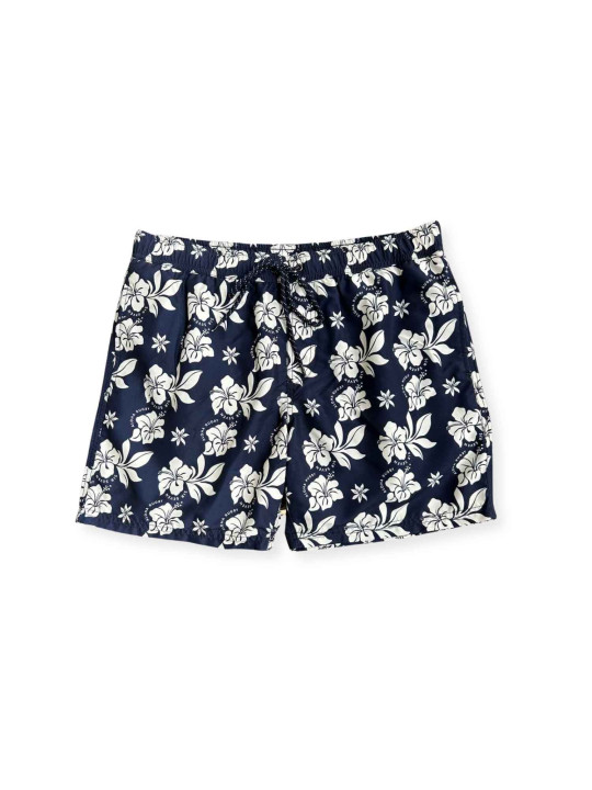 Short de bain à motifs hibiscus - Bleu marine et blanc