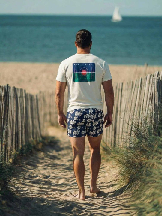 Short de bain à motifs hibiscus - Bleu marine et blanc