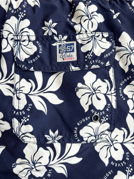 Short de bain à motifs hibiscus - Bleu marine et blanc