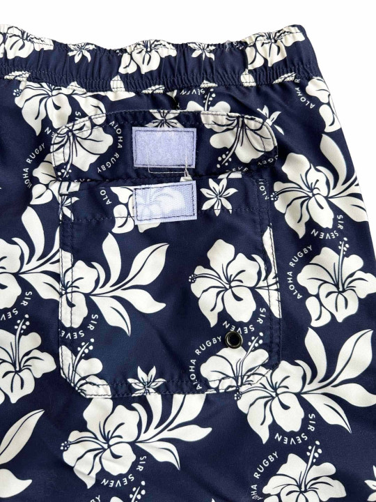 Short de bain à motifs hibiscus - Bleu marine et blanc
