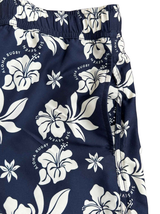 Short de bain à motifs hibiscus - Bleu marine et blanc