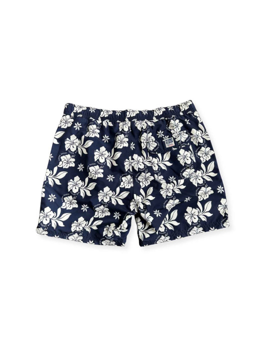 Short de bain à motifs hibiscus - Bleu marine et blanc