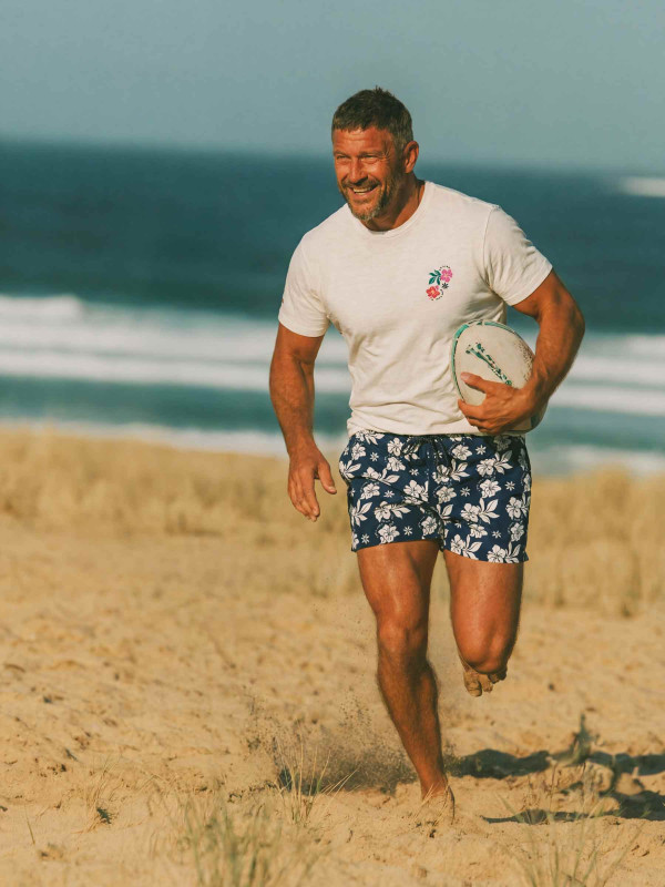 Short de bain à motifs hibiscus - Bleu marine et blanc