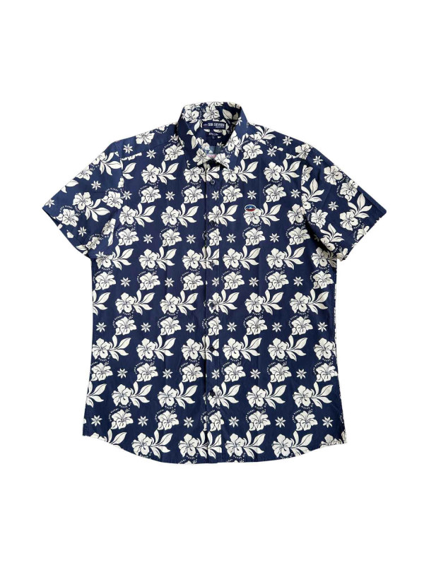 Chemise imprimée hibiscus en coton à manches courtes - Bleu marine