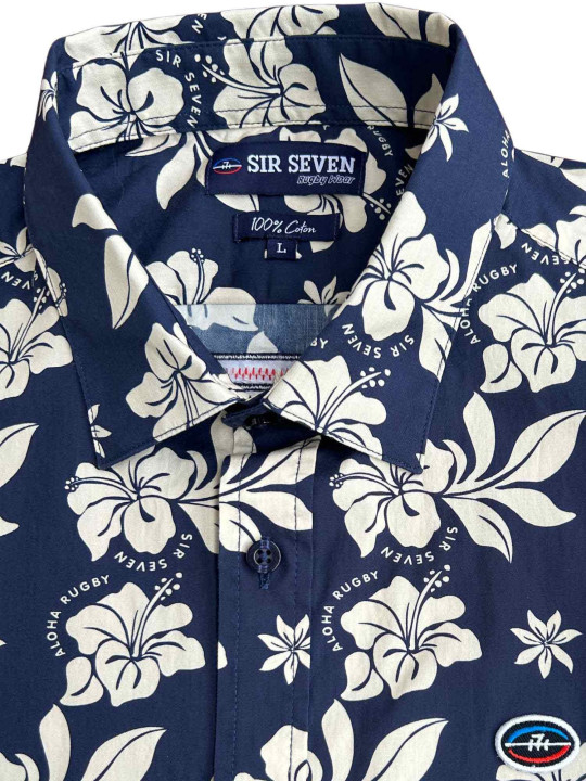 Chemise imprimée hibiscus en coton à manches courtes - Bleu marine