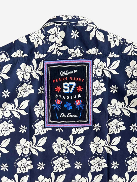 Chemise imprimée hibiscus en coton à manches courtes - Bleu marine