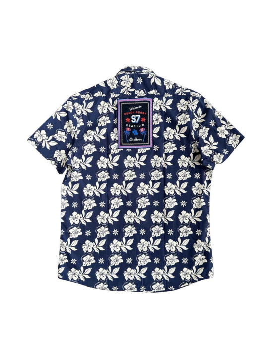 Chemise imprimée hibiscus en coton à manches courtes - Bleu marine